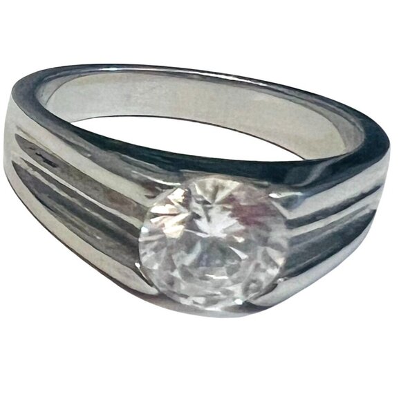 Unisex Stainless Steel Cubic Zirconia Ring Band Sz 8 Wedding Promise Jewelry - Picture 2 of 8